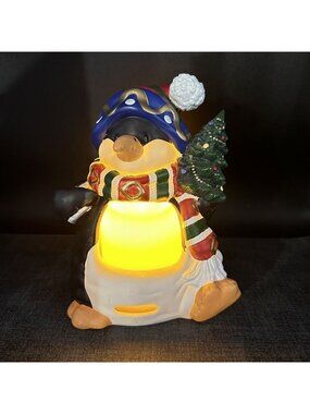 Penguin Porcelain Flameless Candle Holder Christmas Decor 8"